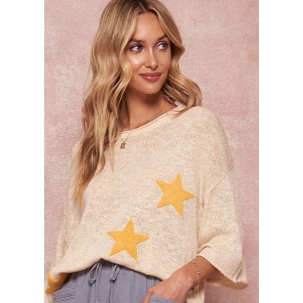 Promesa Sweater Womens Sz L Cream/ Yellow Star Wide Half Slv Lightweight Loose